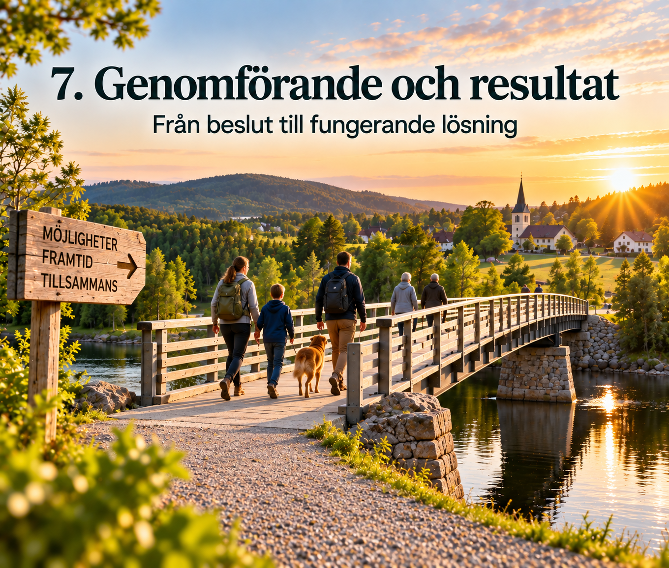 Människor som går över en färdig bro mot destinationen och symboliserar implementering, genomförande och resultat