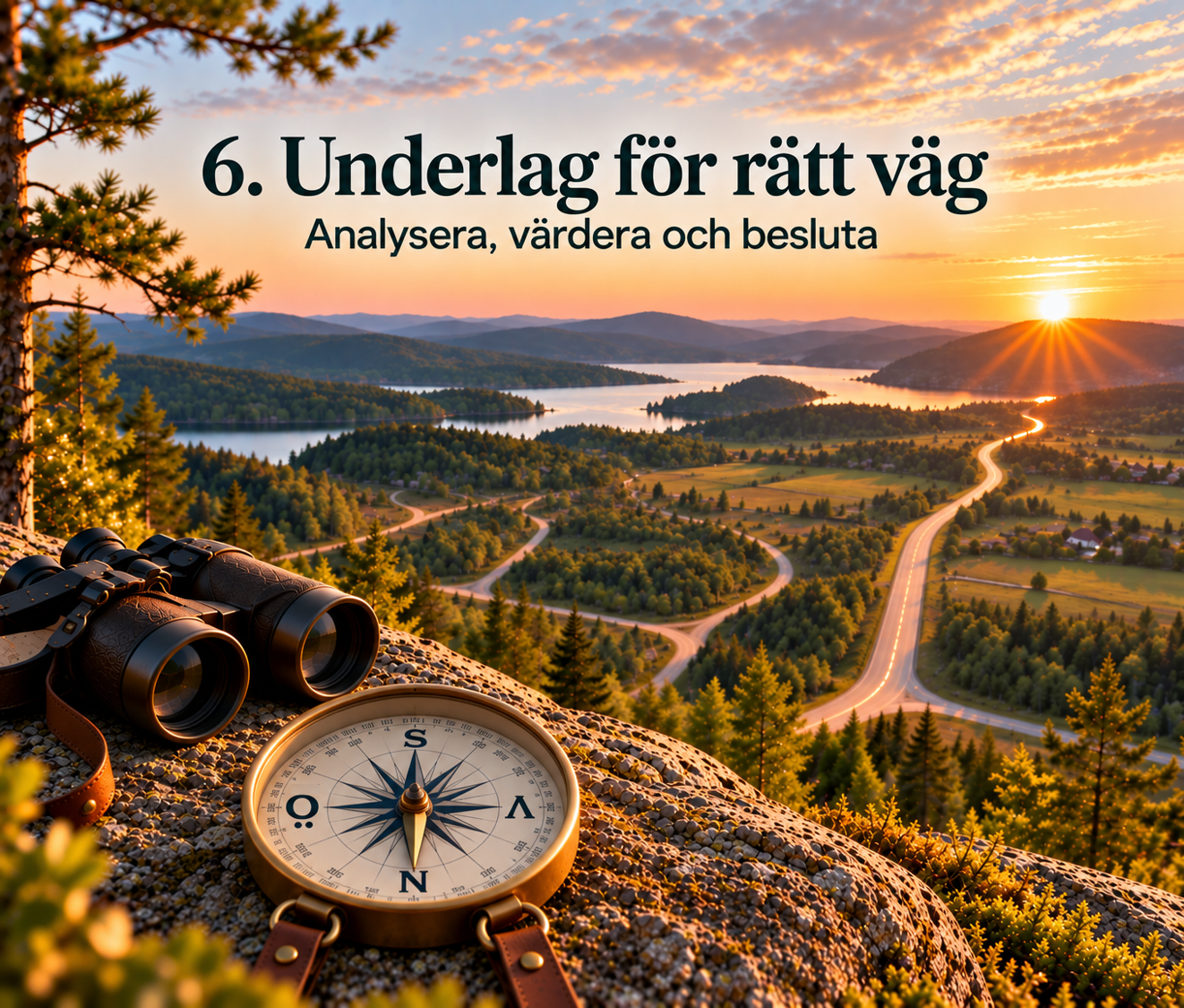 Utsikt över flera möjliga vägar med kompass och kikare som symboliserar analys, utredning och beslutsunderlag