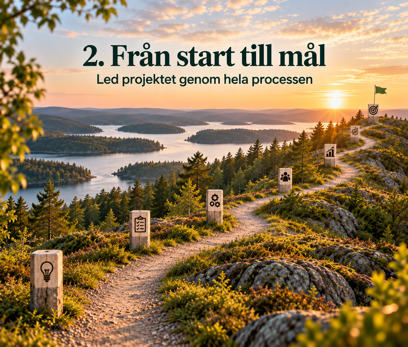 Väg genom flera etapper mot ett tydligt mål som symboliserar projektledning från start till genomförande